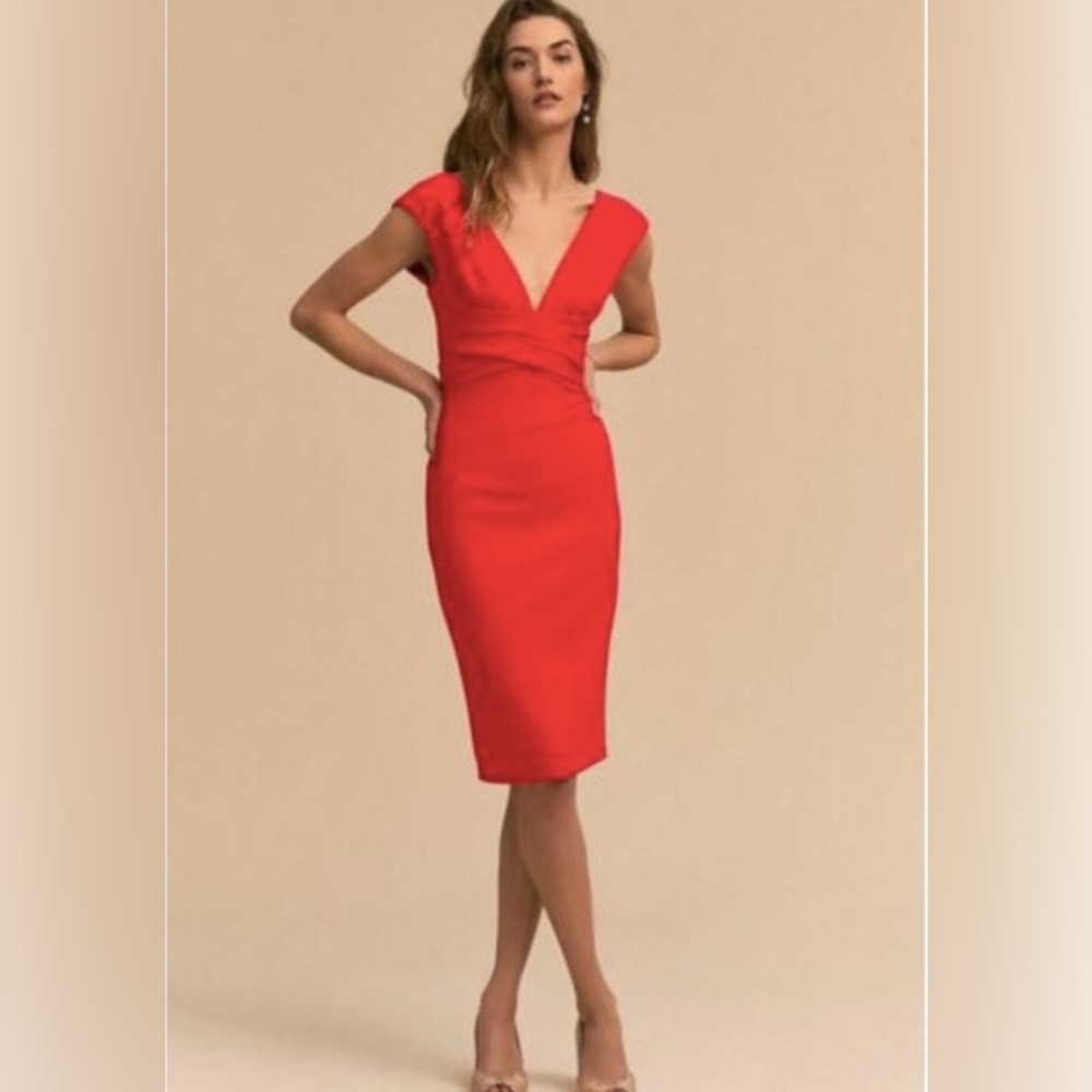 BHLDN Danica V Neck Plunge Fitted Red‎ Midi Dress with Back Bow Size 2